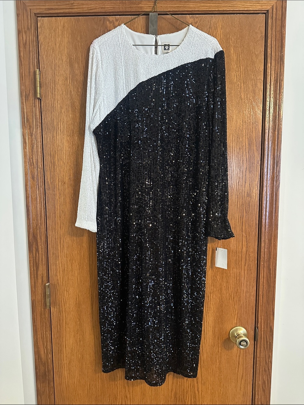 Anne Klein Black and White Sequin Long Sleeve Midi Dress